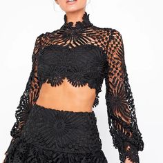 Black Lace Crop Top By Australian Brand Mossman. This Piece Features Incredible Detail With Exaggerated Arms And Neckline. Perfect For That Summer Vacation Or Holiday! New With Tags Straight From The Designer. Available In Multiple Sizes. Long Sleeve Lace Crop Top For Party, Elegant Long Sleeve Lace Crop Top, Black Lace Crop Top For Party, Party Cropped Lace Top, Black Lace Crop Top For Evening, Black Long Sleeve Crop Top For Evening, Black Lace Crop Top For Spring, Chic Black Lace Tops, Elegant Black Lace Crop Top