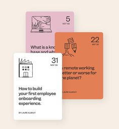 three cards with the words how to build your first employee onboarding experience on them