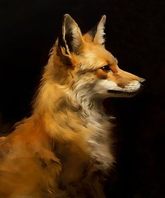 a painting of a red fox sitting on top of a black surface with its eyes closed