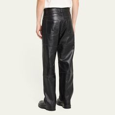 FRAME trousers in smooth, supple lambskin leather Approx.  31" inseam High rise Five-pocket style Full length Loose fit through straight legs Button/zip closure; belt loops Unlined Professional cleaning recommended Imported Leather Trousers, Professional Cleaning, Lambskin Leather, Full Length, Tops Designs, Straight Leg, Loose Fitting, High Rise, Trousers