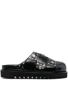 black calf leather silver-tone stud detailing almond toe branded footbed flat rubber sole Black Slippers, 3 Shoes, 2024 Style, Black Stud, Inspo Board, Leather Slippers, Studded Leather, Leather Mules, Leather Silver