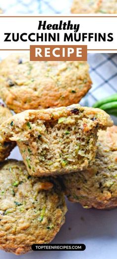 zucchini muffins stacked on top of each other with text overlay