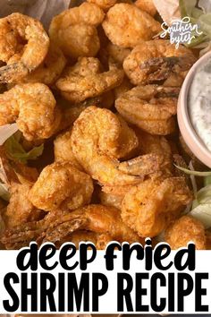 deep fried shrimp recipe with dipping sauce on the side and title overlay that reads deep fried shrimp recipe