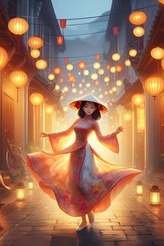 a woman in a long dress and hat walking down a street with lanterns hanging from the ceiling