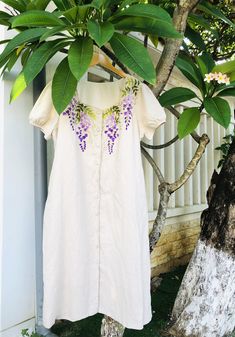 Beige Linen Dress With Floral Embroidery, Summer Linen Dress With Floral Embroidery For Garden Party, Spring Linen Dress With Floral Embroidery, Spring Floral Embroidered Linen Dress, Spring Beach Linen Dress With Floral Embroidery, Bohemian Linen Dress With Floral Embroidery For Garden Party, Spring Garden Party Linen Embroidered Dress, Embroidered Wisteria, Wisteria Dress