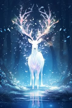 a deer standing in the middle of a forest filled with trees and leaves at night