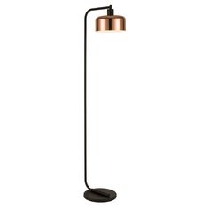 a floor lamp with a black base and a copper shade on the top, in front of a white background