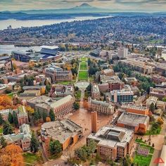 an aerial view of the campus and surrounding buildings