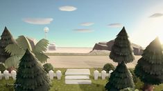 an animated view of a park with benches and trees