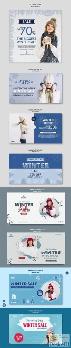 four different banners for winter sale with snow and trees in the background, all on one side