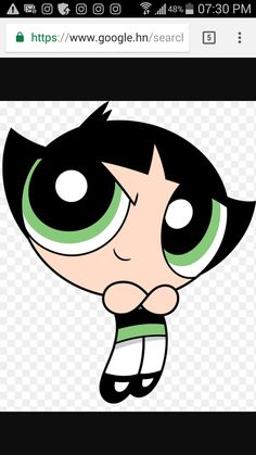 an animated face with green eyes and black hair