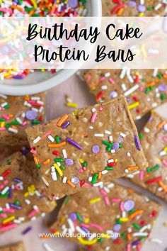 vegan birthday cake protein bars with sprinkles on top and text overlay