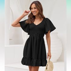 High-Quality & Ultra-Soft Fabric: Made From High-Quality Fabric With 100% Polyester, This Flowy Dress Can Provide You Cool & Fresh Wearing Experience, And Keep You Away From The Summer Hot Temperature. These Women's Casual Dresses Have A Soft Lining Layer, Which Is Light Enough To Be Flowy But Not See-Through. Black V-neck Dress With Smocked Back, Black Dress With Ruffles And Butterfly Sleeves, Black Dresses With Ruffles And Butterfly Sleeves, Casual Pleated Dresses With Flutter Sleeves, Black V-neck Dress With Smocked Bodice, Billowy Black Dress With Ruffles, Black Ruffle Hem Dress For Vacation, Black Flutter Sleeve Dress For Vacation, Black Flutter Sleeve Summer Dress