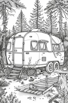 a drawing of a camper parked in the woods next to a bridge and trees