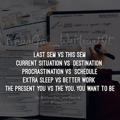 someone writing on a notebook with the words last sem versus this semi current situation procrastination vs schedule extra sleep vs better work