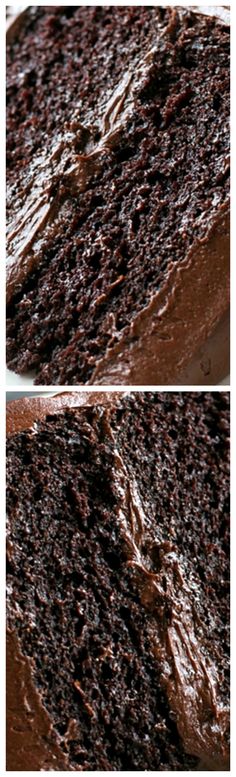 two pictures of a chocolate cake with frosting