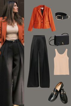 Outfit Inspo | Beige Sleeveless Top, Orange Blazer with Women's Black Pleated Wide-leg Pants | with Black Cross Body Mini Bag and Black loafer shoes | Outfit Inspiration | Casual Women's Work Outfit Ideas | Business Outfits Wide Leg Trousers Women Outfit, Wide Leg Trousers Spring Outfit, Business Casual Outfits Orange, Wide Leg Pants Blazer Outfit, Black Wide Leg Pants And Blazer Outfit, Orange Business Casual Outfits, Wide Leg Pants And Blazer Outfit, Orange Work Outfit, Office Blazers For Women