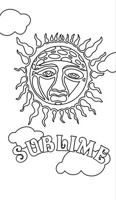 the sun with clouds and lettering that says sublims in black ink on a white background