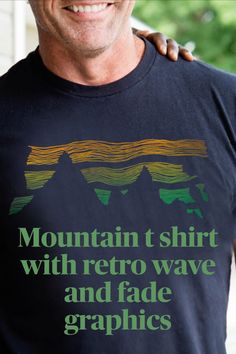 You have found it! Mountain graphic with a retro fade. The fade fades from forest green to ripping orange skies. Great gift for the man in your life who loves the mountain life. Super soft shirt for comfort. Really good hiking shirt for those Saturday walks. Boyfriend or Husband gift that will get a lot of attention. #mountain range #fades #mountainwaves # skyfades #outdoorlife #hikingtshirt #shirtformen #husbandgifts #giftforman #boyfriendtee #boyfriendgift #campingshirt #giftforcamping Mountain T Shirts, Retro Relaxed Fit T-shirt With Sublimation Print, Retro T-shirt With Sublimation Print, Relaxed Fit, Mountain Man Shirt, Mountain Graphic Tee, Mountain Graphic, Mountain Tee, The Fade, Graphic Tee T-shirt With Crew Neck For Hiking