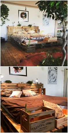 there are two pictures of a bed made out of pallet wood and one has a plant in it