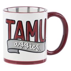 a red and white coffee mug with the words tamu aggies on it