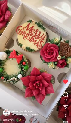 three decorated christmas cupcakes in a box