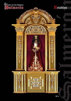 an ornate gold and red shrine with a statue in the center on a black background