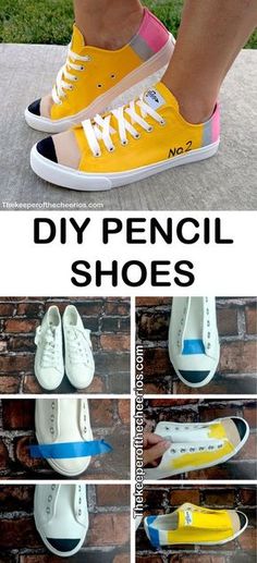 several pictures of different types of shoes with the words diy pencil shoes on them