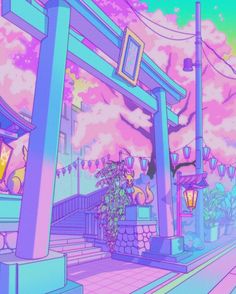 an animated image of a pink and blue city street with buildings, plants and lanterns