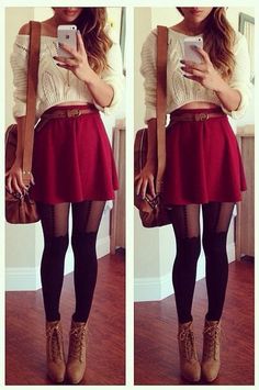 Charlotte Russe fall Skater Skirt Outfit, Mode Rockabilly, Red Skirt, Skirt Outfit, Heidi Klum, Donna Karan