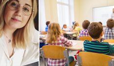 a woman standing in front of a classroom full of children sitting at desks and an image of a teacher teaching