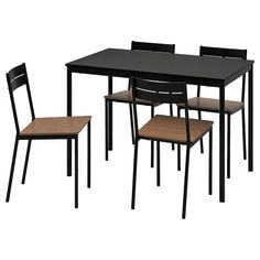 a black table and four chairs with one chair up against the other, in front of a white background