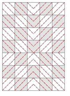 a square quilt pattern with red lines in the center and diagonals on each side