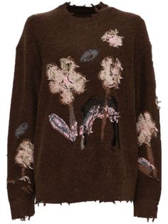 Find JNBY Floral Pattern Sweatshirt on Editorialist. brown wool blend knitted construction floral embroidery distressed effect crew neck ribbed cuffs and hem Brown Wool Sweater For Spring, Spring Brown Wool Sweater, Embroidery Sweater, Latest Sweater, Wardrobe Edit, Sweatshirts Pattern, Iconic Bags, Embroidered Tshirt, Exclusive Fashion