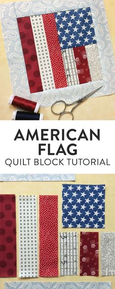 an american flag quilt block with scissors and thread