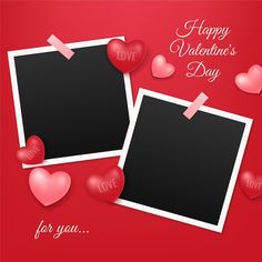 two valentine's day photos with hearts on red background