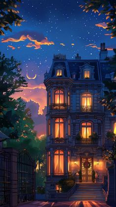 an illustration of a house at night with the moon in the sky