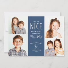 three photos of children in green and white on a card with the words nice, because they