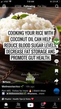 rice in a bowl with the caption cooking your rice with coconut oil can help reduce blood sugar levels and promote gut health