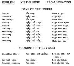 an old newspaper page with words in english and vietnameses on it, including the days of the week