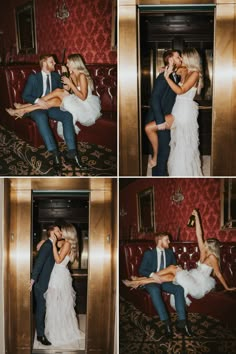 the bride and groom are kissing in an elevator