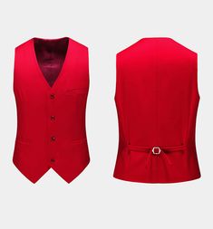 Finely crafted from high-quality material, durable and timeless, this single-breasted 3 piece all red suit is fully lined and has two exterior flap pockets. The long-lasting fabric is soft and comfortable. The slim fit suit jacket has two functional breast pockets, one exterior, and one interior. This classic red outfit is the right choice to wear for those special days such as weddings, proms, anniversaries, even formal business functions. You absolutely can’t go wrong with this red suit. Eleva Classic Red Vest For Workwear, Classic Red Sleeveless Outerwear, Fitted Red Sleeveless Outerwear, Red Fitted Sleeveless Outerwear, Elegant Fitted Red Vest, Formal Red Outerwear With Hidden Button Closure, Red Formal Outerwear With Welt Pockets, Red Formal Outerwear With Hidden Button Closure, Red Notch Lapel Suits With Pockets