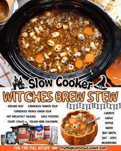 an advertisement for slow cooker witches brew stew