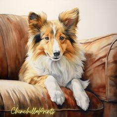 a painting of a dog sitting on a couch