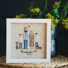 a cross - stitch family portrait with yellow flowers in the background