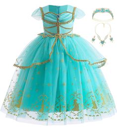 PRICES MAY VARY. CLASSIC PRINCESS DRESS -- Complete gorgeous Jasmine costume for girls includes a dress, a headwear, a necklace and a pair of earrings, which will make your little girl into princess Jasmine herself. HIGH QUALITY MATERIAL -- Stunning Arabian Princess style costume. Made from non-itchy, high quality and comfortable satin, tulle and cotton lining. Smooth and soft material fits for child’s sensitive skin. Blue dress with golden lace decorated on the chest and shoulder, skirt has fou Princess Jasmine Dress, Halloween Crop Top, Kid Costumes, Girls Princess Dress, Halloween Skirt, Disney Jasmine, Jasmine Dress, White Jasmine