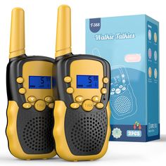 two walkie talkies next to each other with the box in front of them