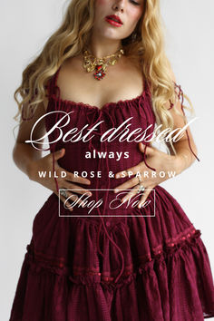 Be best-dressed at every holiday party. The Fae Dress in Garnet from Wild Rose & Sparrow is crafted from heavily embroidered deep burgundy red cotton, featuring rare novelty eyelet patterns that embellish the entire holiday dress. The bodice features a dropped, V shaped waist to elongate and flatter the silhouette and a row of eyelet cotton wrapped buttons lines the center of the dress. The two tier style & mini length add romance for the perfect holiday look. Fae Dress, Fem Outfits, Romantic Essence, Iris Pattern, The Fae, Portrait Dress, Corset Skirt, Christmas Beauty, Deep Burgundy