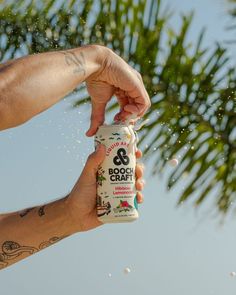 a person holding a bottle of boochat next to a palm tree with drops of water on it