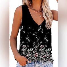 Black Floral V Neck Tank Tops For Women Size Xxl Occasion: It's Perfect For Hot Summer Days Or To Wear During Your Workout. It Looks Great With Leggings, Shorts, Or Jeans. Toss On A Sweater Or Jacket On A Chilly Day And You Are Set To Go! Black Floral Print Tank Top For Vacation, Black Floral Print Tank Top For Spring, Black V-neck Tank Top For Spring, Black V-neck Top For Vacation, Black Floral Print Tank Top For Summer, Casual Black V-neck Tank Top, Casual Black Tank Top For Vacation, Leggings Shorts, V Neck Tank Top